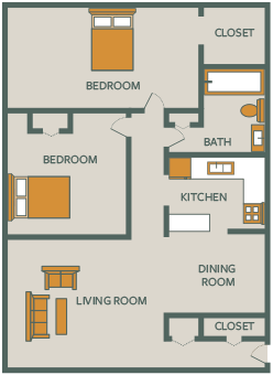 Floor plan for 2 beds, 1 bath, 720 sqft